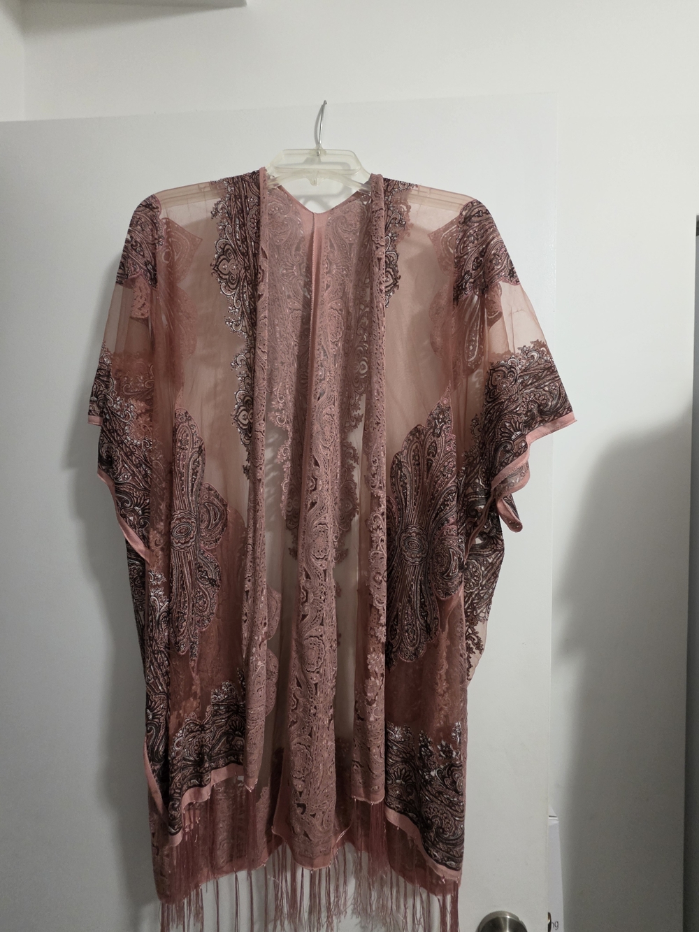 Open Sheer Rose-Pink Paisley Kimono with Fringe